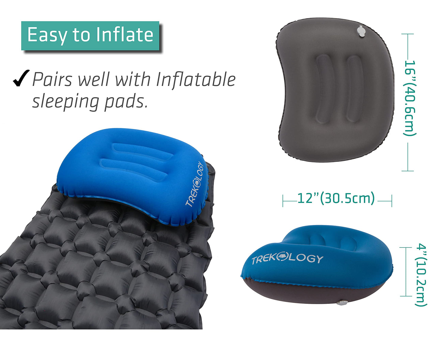 TREKOLOGY Ultralight Inflating Travel/Camping Pillows - Compressible, Compact, Inflatable, Comfortable, Ergonomic Pillow for Neck & Lumbar Support and a Good Night Sleep while Camp, Backpacking