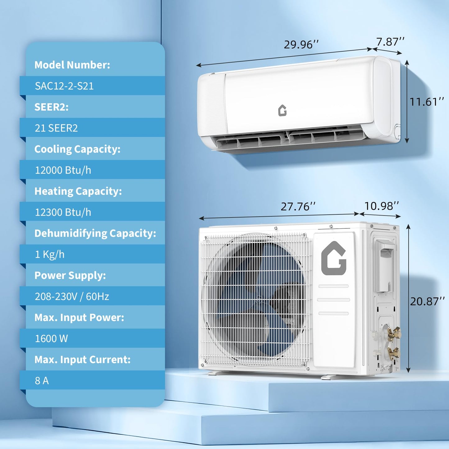 12000 BTU Mini Split Air Conditioner & Heat Pump, 21 SEER2 Inverter System with WiFi, Ductless AC/Heater Combo, Cools Up to 750 Sq. ft, Complete Installation Kit Included, 208-230V, Low Noise