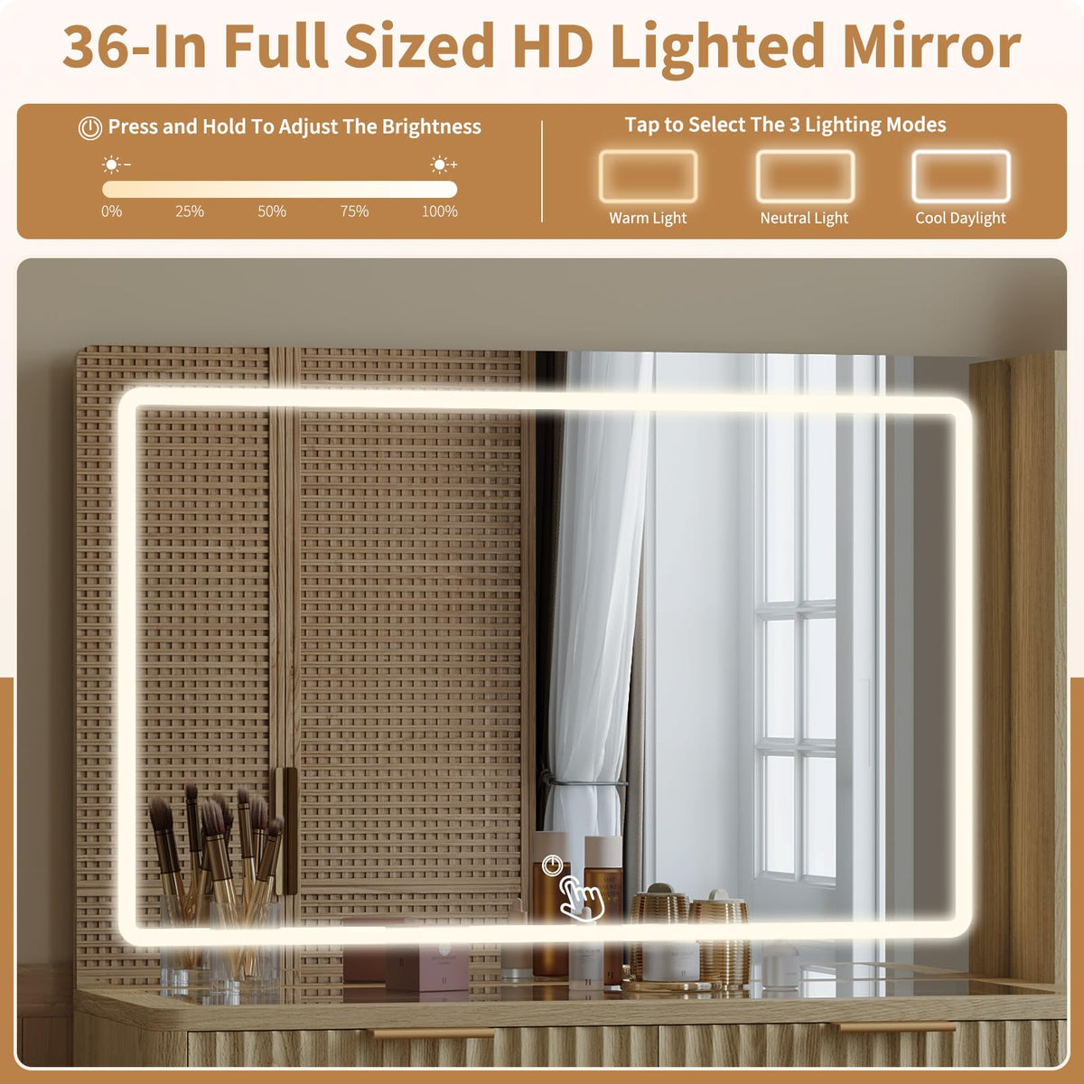 MilleLoom Makeup Vanity Desk with Lights, Fluted Wooden Dressing Table with 5 Drawers and Adjustable Shelves, Makeup Vanity Table Modern Glass Top with Charging Station for Bedroom (Oak)