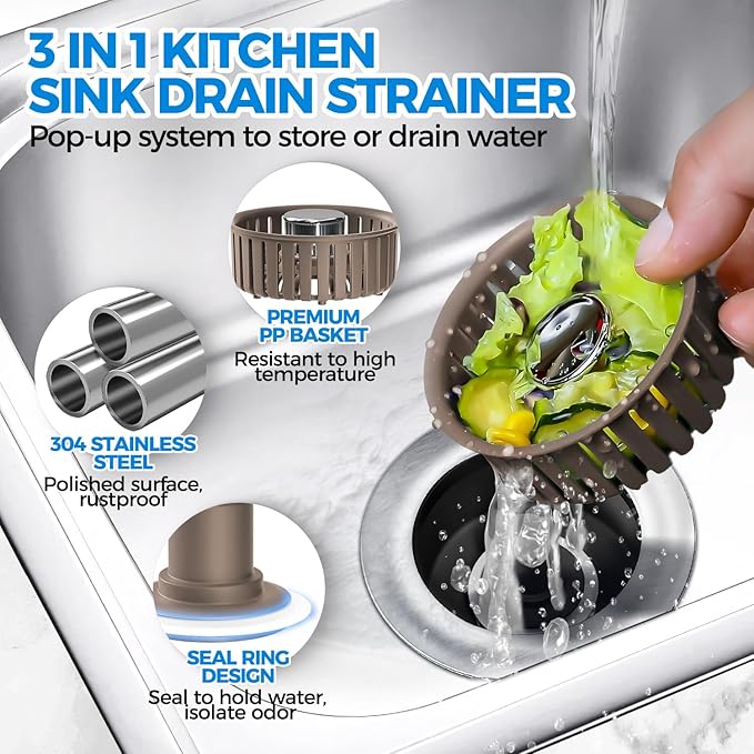 Upgraded 3in1 Kitchen Sink Drain Strainer & Sink Stopper, Stainless Steel