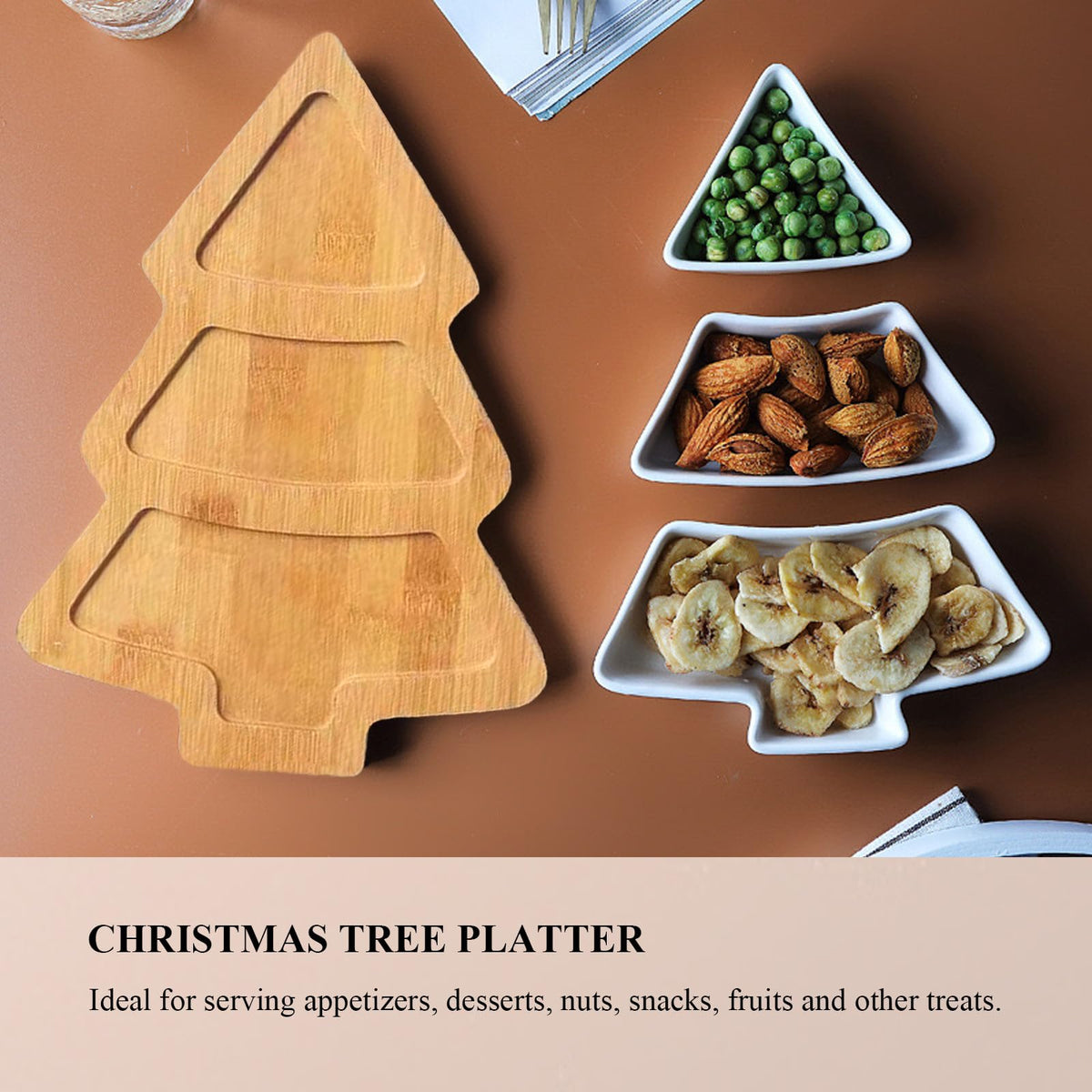 Qancesd Christmas Tree Shaped Platter Ceramic Dinner Plates with Wood Tray Christmas Tree Dishes Decorative Food Serving Tray for Appetizer Snack