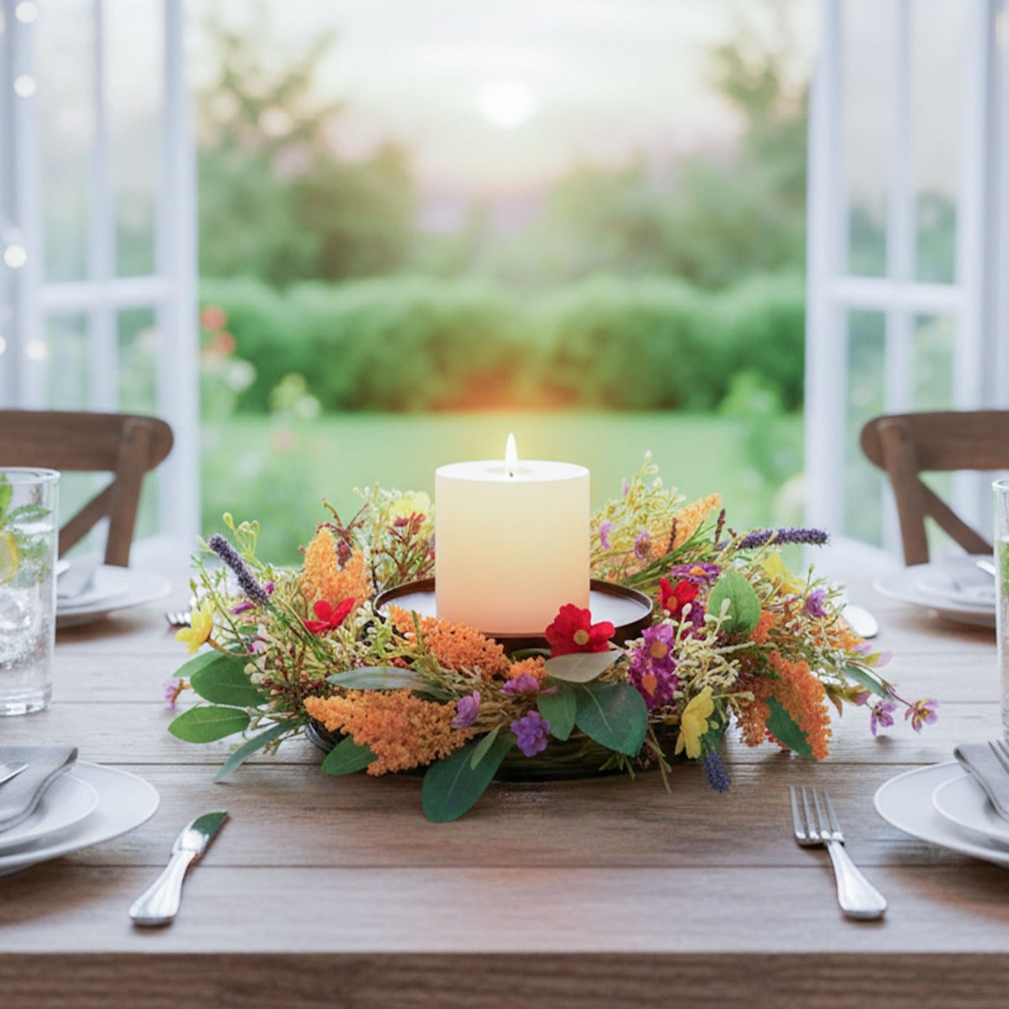 MOYEE Summer Candle Holder Centerpieces for Tables,Candle Ring, Black Metal Candlestick with an Artificial Wreath 14 in Versatile Dining Table Centrepiece(Golden Wheat Ear Wreath)