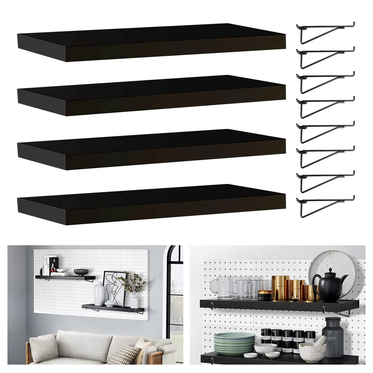 HJW Pegboard Shelf Black, 4 Pack Wooden Pegboard Shelves with Metal Pegboard Shelf Brackets Pegboard Hooks, for Craft Room, Home, Kitchen, Garage