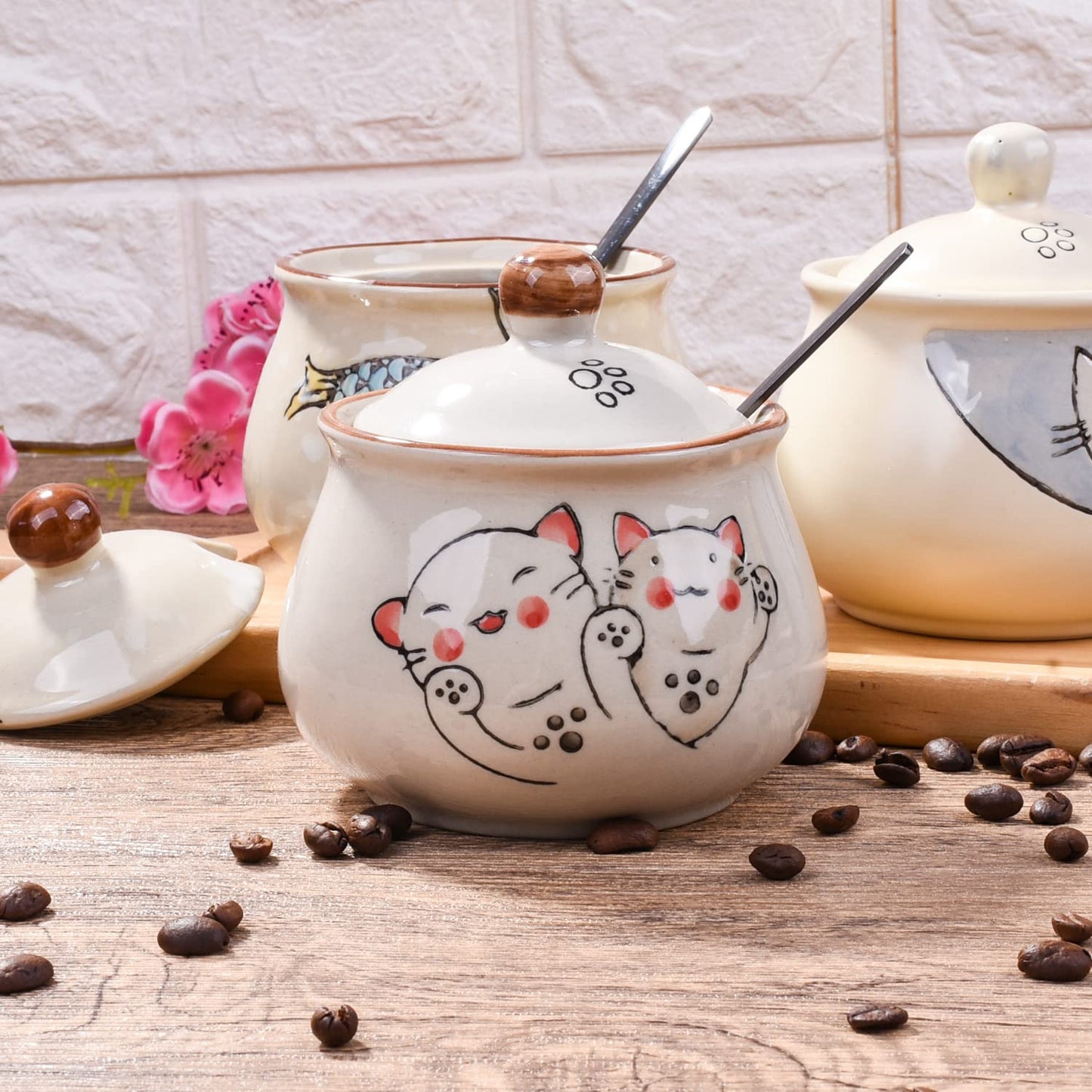 LMRLCS Ceramic Sugar Bowl with Lid and Spoon, Japanese Sugar Bowl with Spoon and Lid (Style 2)