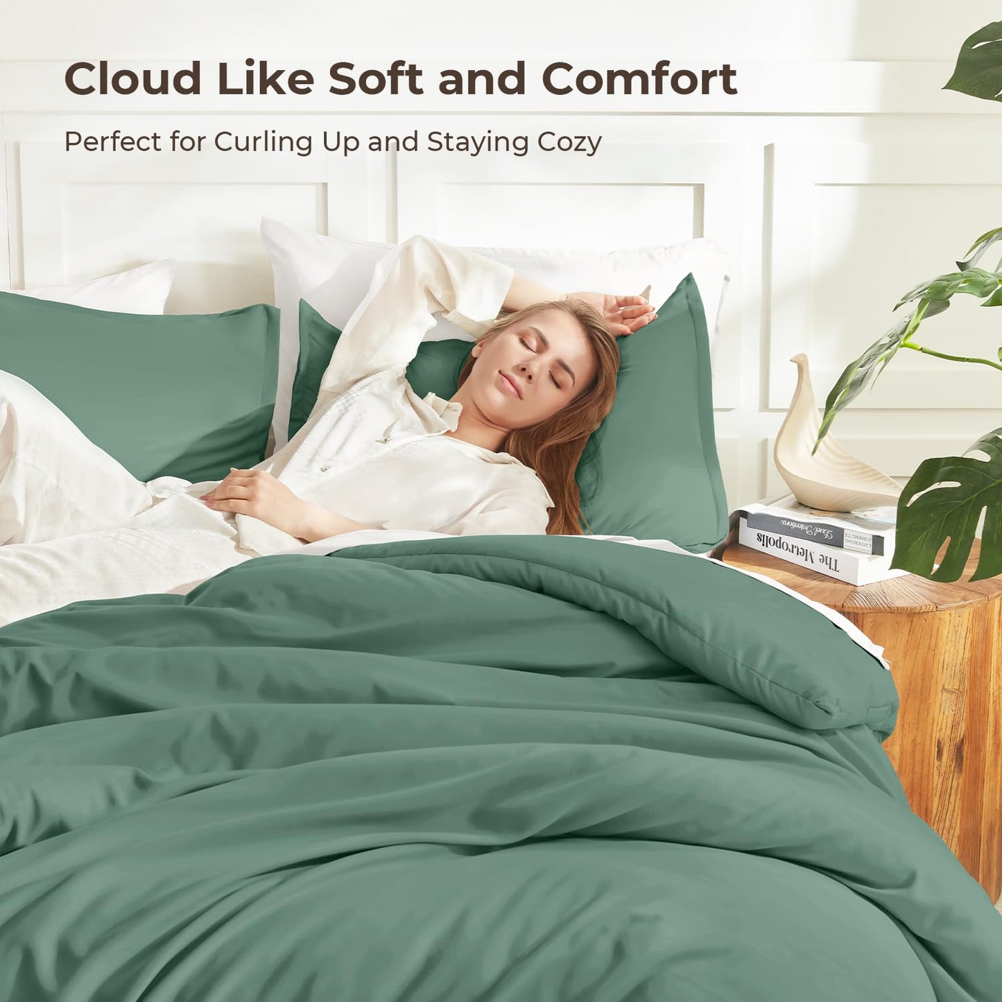 Litanika Comforters King Size Haze Green, 3 Pieces Lightweight Solid Bedding Set & Collections, All Season Fluffy Bed Set (104x90 Inches Comforter & 2 Pillowcases)