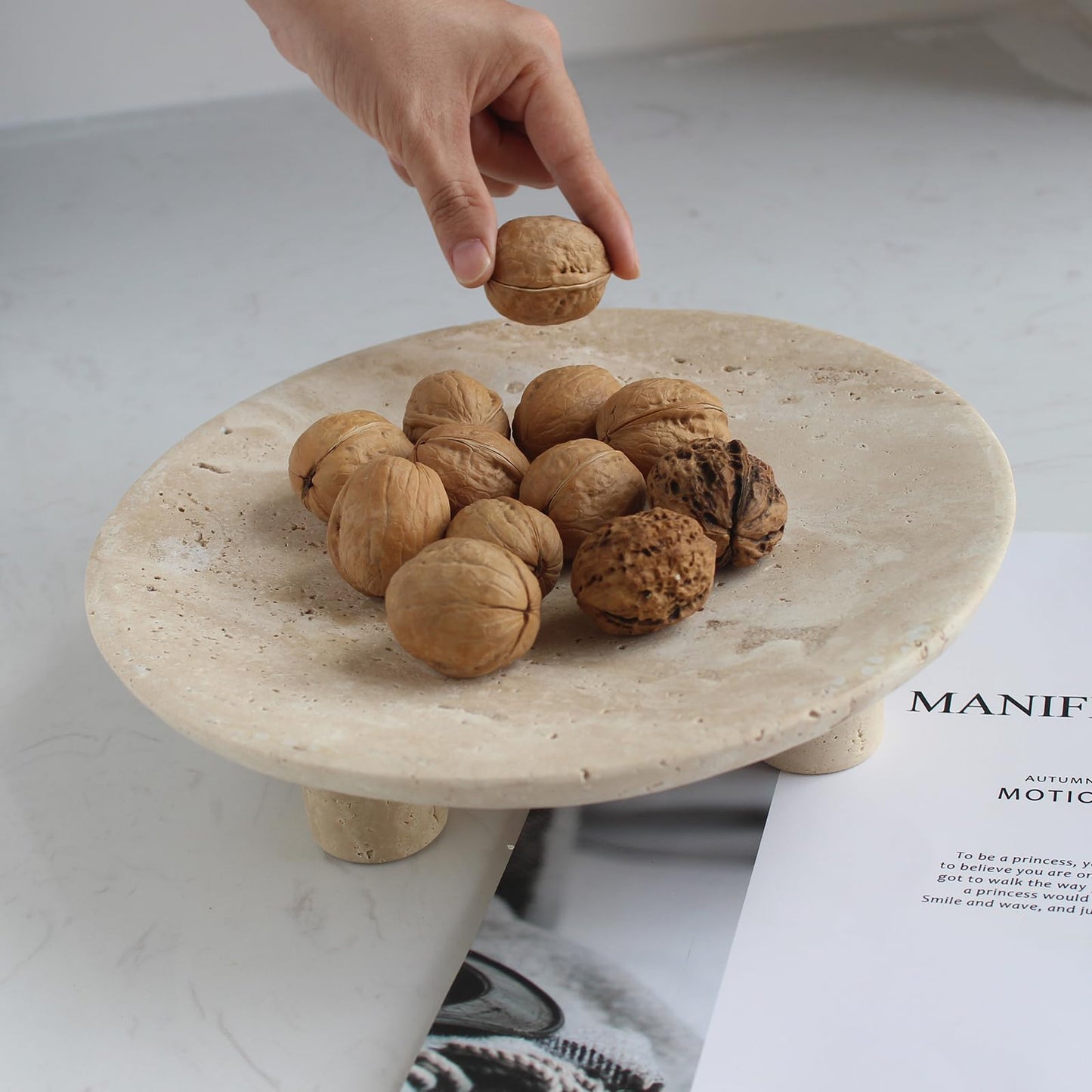 Nawgnail Handmade Travertine Fruit Bowl for Kitchen Counter 10", Large Decorative Bowl for Home Decor, Modern 3-Legs Serving Plate, Key Bowl for Entryway