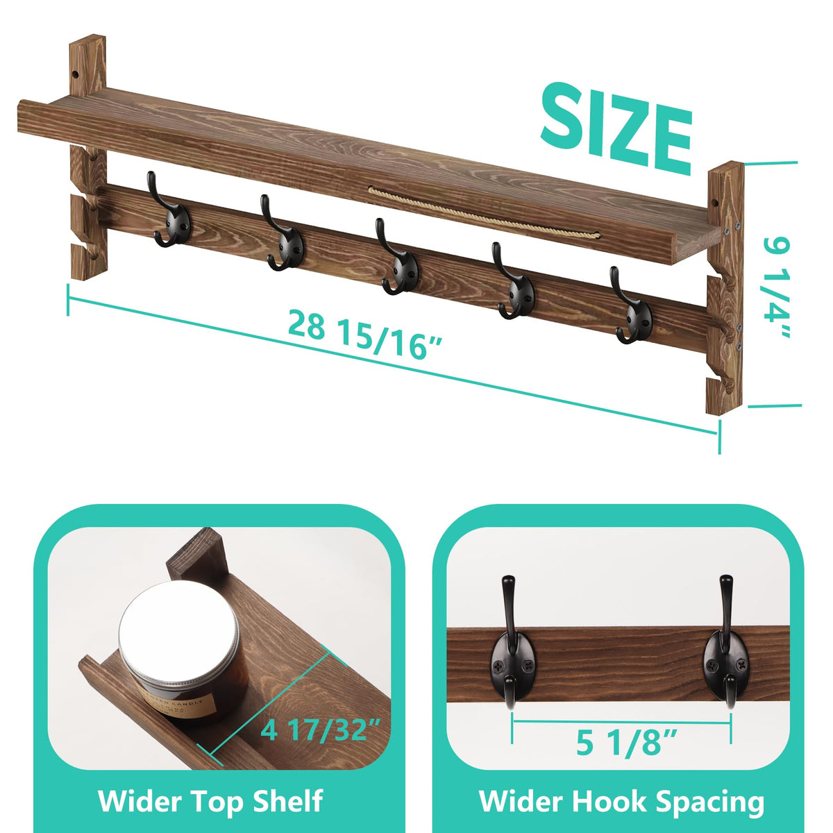 AMBIRD Wall Hooks with Shelf 28.9inch Entryway Wall Hanging Shelf, Wood Coat Hooks, Coat Rack Wall Mount Rack with 5 Dual Hooks, Glasses Organizer and Hat Organizer