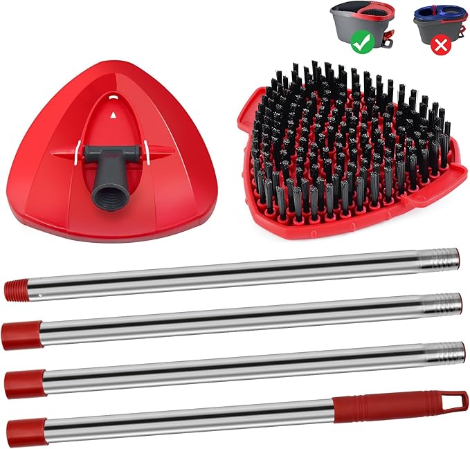 4 Part Stainless Steel Spin Mop Handles, Mop Base & Upgrade Scrub Brush Combo
