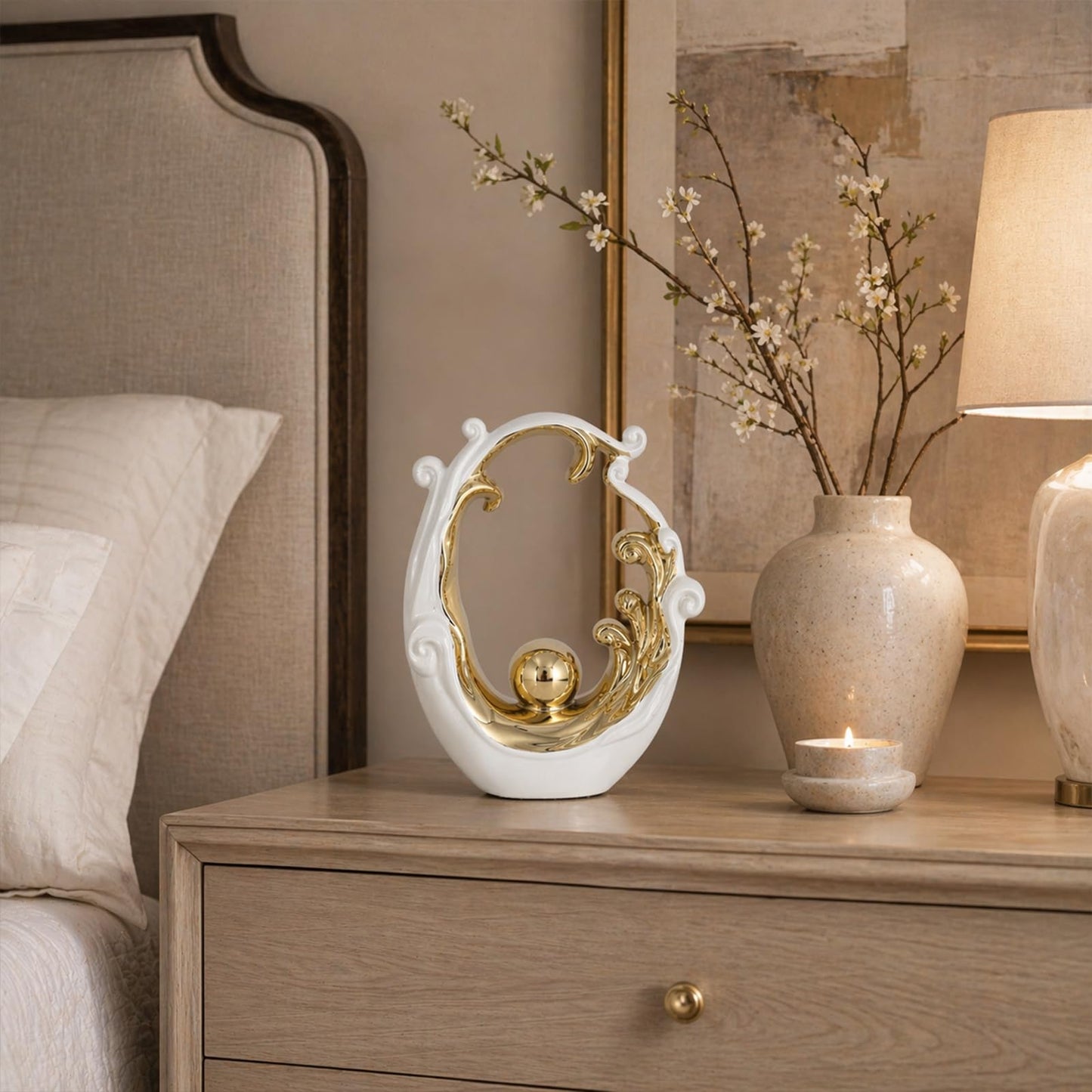 LINYTHER Abstract Ceramic Sculpture, White and Gold Modern Tabletop Statue Wave-Inspired, for Home Decor, Decorative Accent for Shelf, Mantel, Coffee Table, Console or Entryway