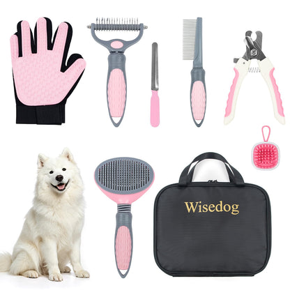 Wisedog Dog Grooming Kit 7PCS - Cat Nail Clipper with Nail File, Dematting Comb for Dogs, Flea Comb, Bath Brush, Hair Removal Mitts (Upgraded Pink)