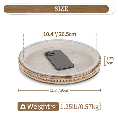 Hanobe Round Wooden Decorative Tray: White Washed Bead Tray Decor for Coffee Table Centerpiece Rustic Farmhouse Tray for Kitchen Counter Living Room Decoration