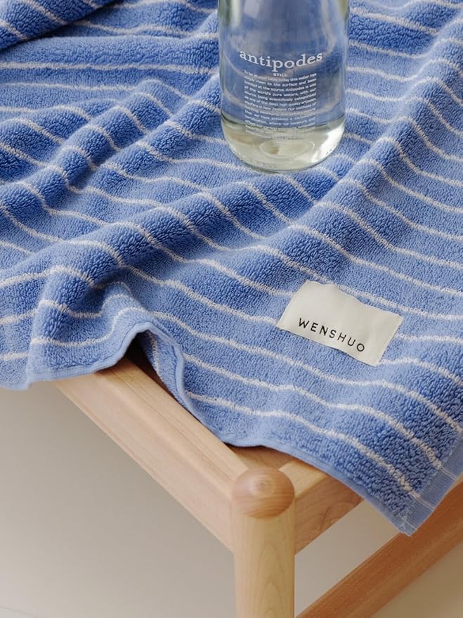 WENSHUO Azure Holiday-Striped Pure Cotton Bath Towel, 100% Combed Cotton