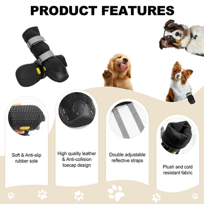 Anti-Slip Dog Shoes with Reflective Straps, High Dog Boots Waterproof, Wear-resistant Leather Rubber Sole Dogs Paw Protector for Small Medium Large Dogs 4 Pcs(L, Black)