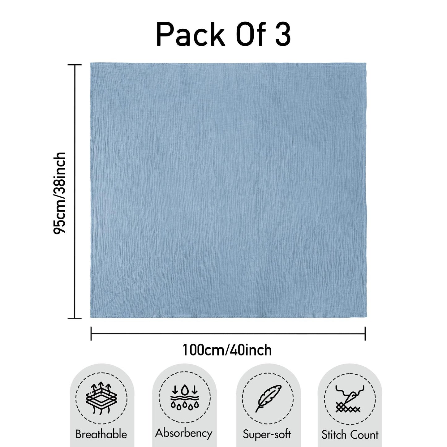 Muslin Swaddle Blankets for Newborn, 3-Pack Cotton Receiving Blankets, Large 40 x 38 inches, Baby Blankets for Boys and Girls, Wrap Burp Cloths, Registry Essentials, Shower Gifts, Elephant & Blue