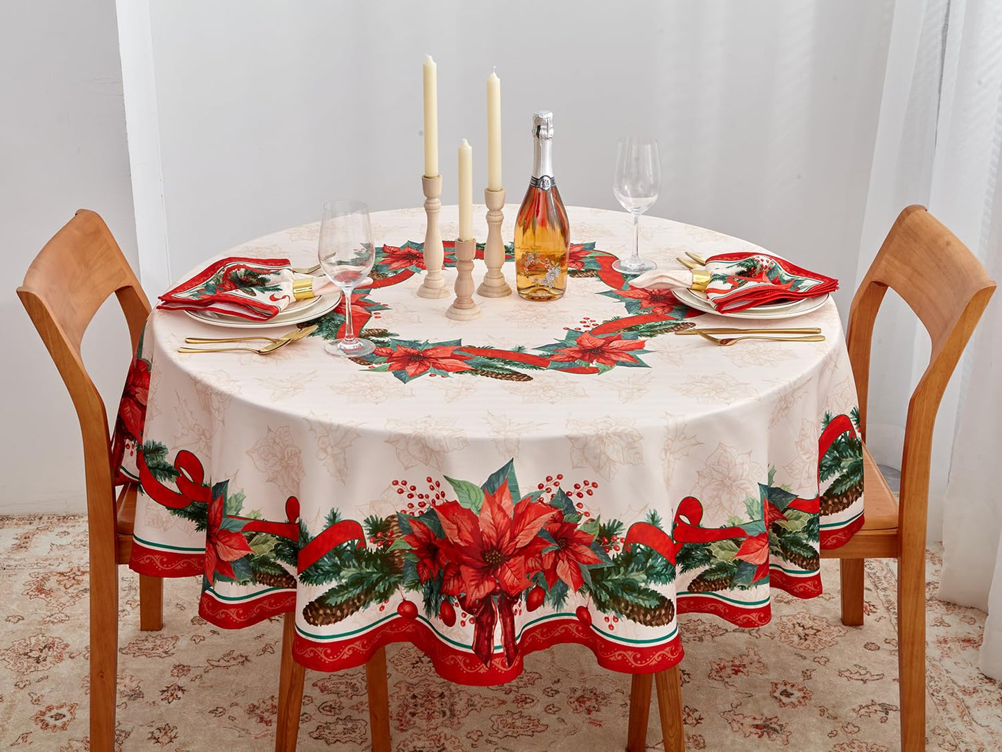 YiHomer Poinsettia Ribbon Engineered Printed Fabric Christmas Tabletop for Xmas Winter Holiday, Christmas Time, Tablecloth, 70" Round