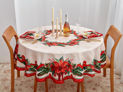 YiHomer Poinsettia Ribbon Engineered Printed Fabric Christmas Tabletop for Xmas Winter Holiday, Christmas Time, Tablecloth, 70" Round