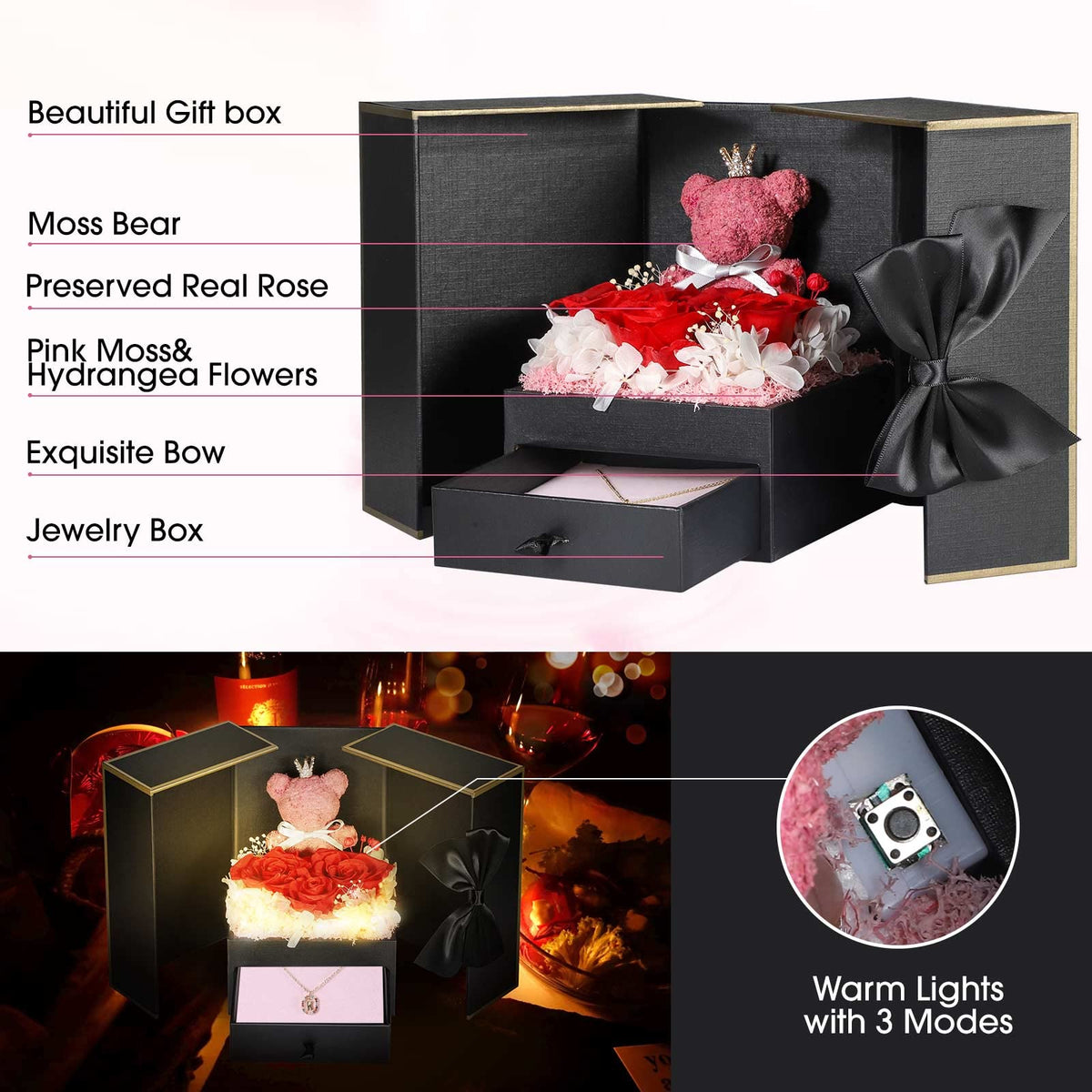 Mothers Day Birthday Gifts for Mom Women, Preserved Real Rose with Initial Necklace K, Forever Rose Jewelry Gift Box, Personalized Gifts for Women, Grandma, Wife, Girlfriend