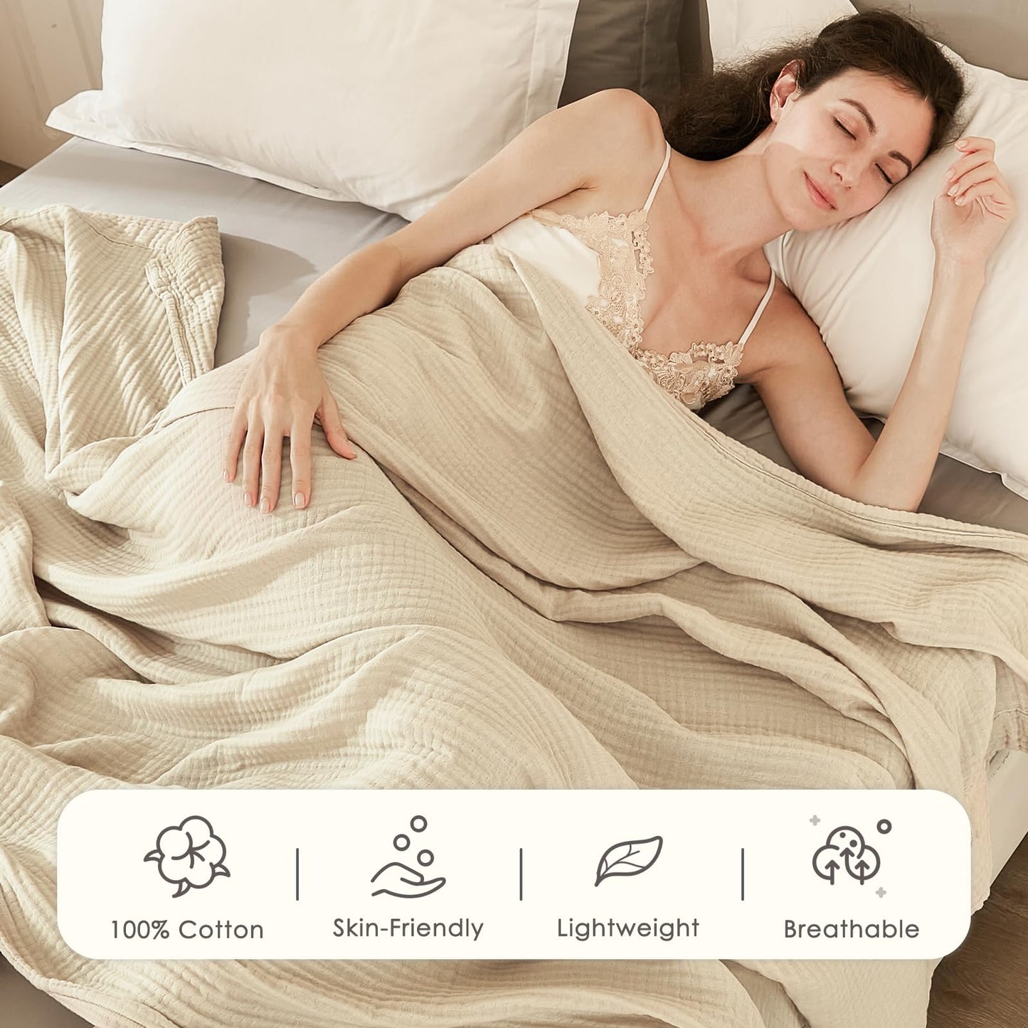 EMME Cotton Throw Blanket for Couch Soft Muslin Blankets 50"x60" Lightweight Breathable Blanket Beige All Season Gauze Blanket