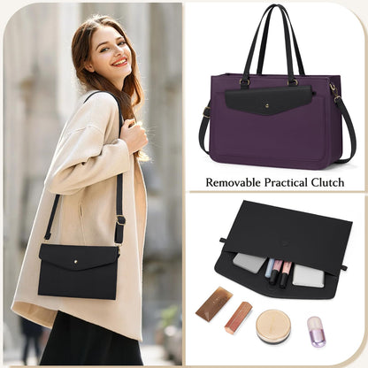 RAINSMORE Laptop Bag for Women 15.6 Inch Work Tote Bags Leather Laptop Tote Waterproof Computer Bag Professional Office Briefcase Large Handbag for College Teacher Travel,Purple and Black