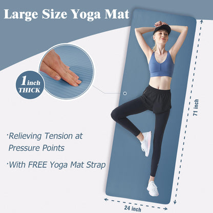 Fitvids Yoga Mat 1-Inch Extra Thick High-Density Exercise Mat with Non-Slip Surface & Carry Strap for Men & Women Tear-Resistant Pilates Workout Mat for Home Gym, Floor Fitness