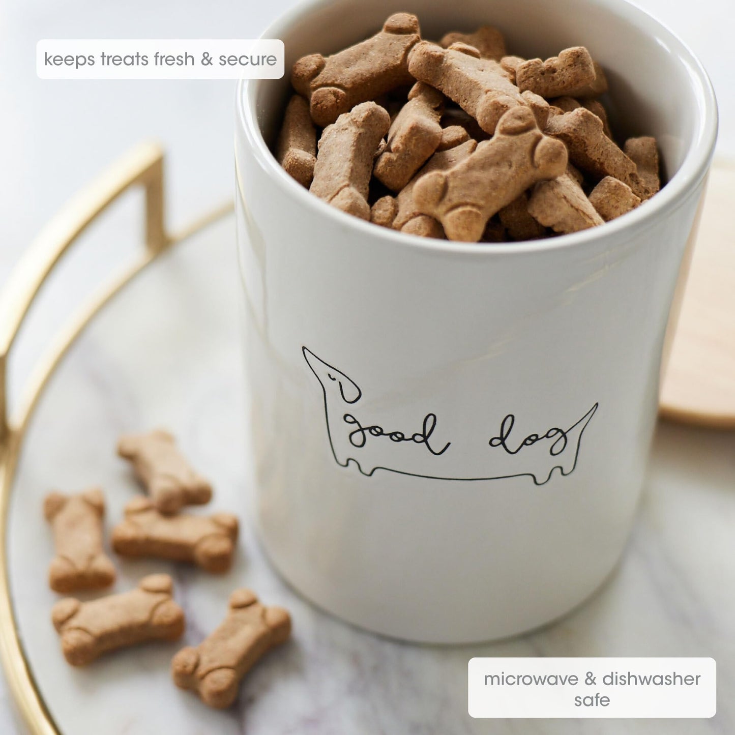 Pearhead Good Dog Treat Jar, Ceramic and Wood Pet Treat Canister, Neutral Modern Kitchen Decor, Pet Accessories, Dog Biscuit Storage Jar, Freshness Seal, Holds 4 Cups