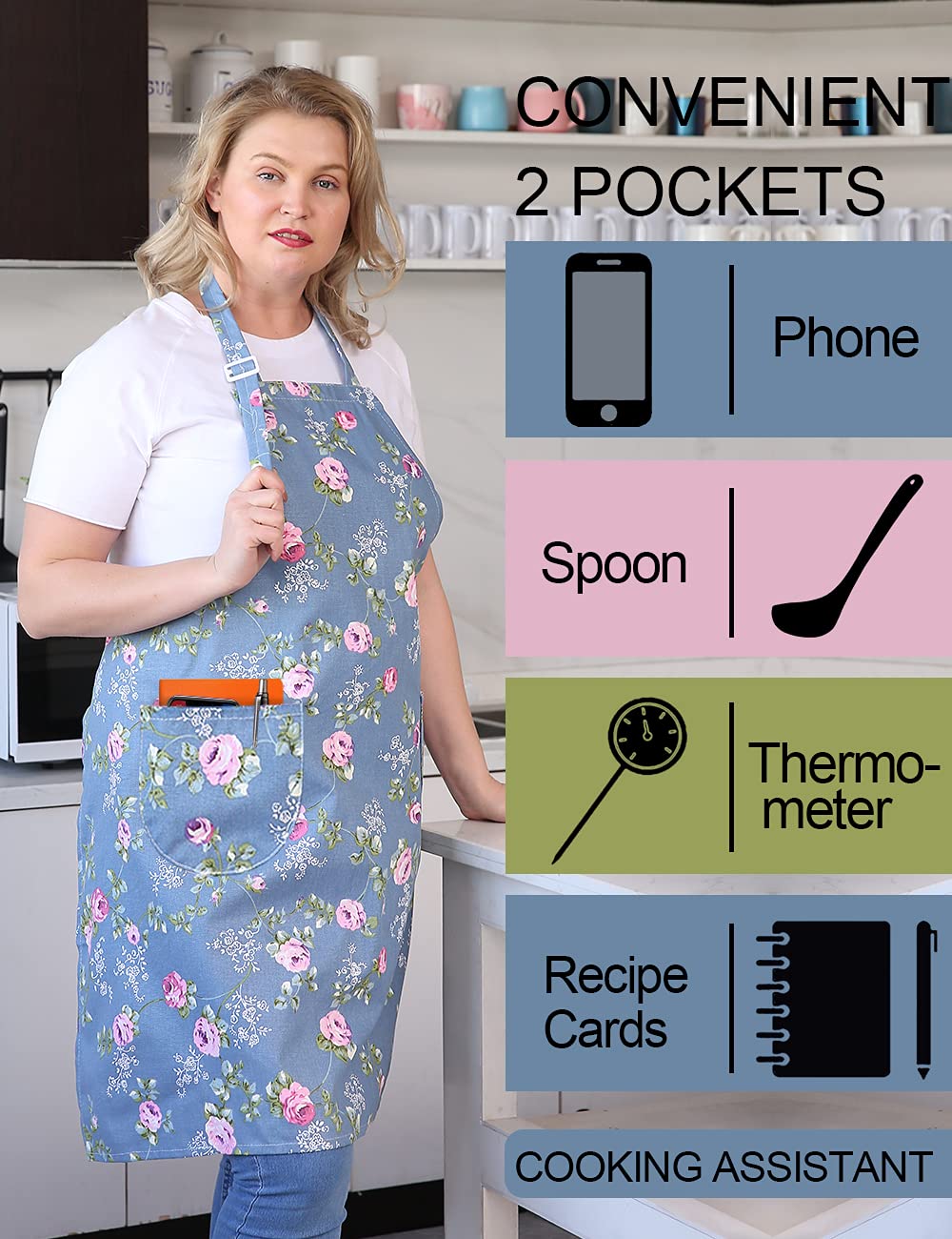 Cotton Linen Baking Plus Size Aprons for Women with Pockets Kitchen Cooking 2X-3X Blue Flowers