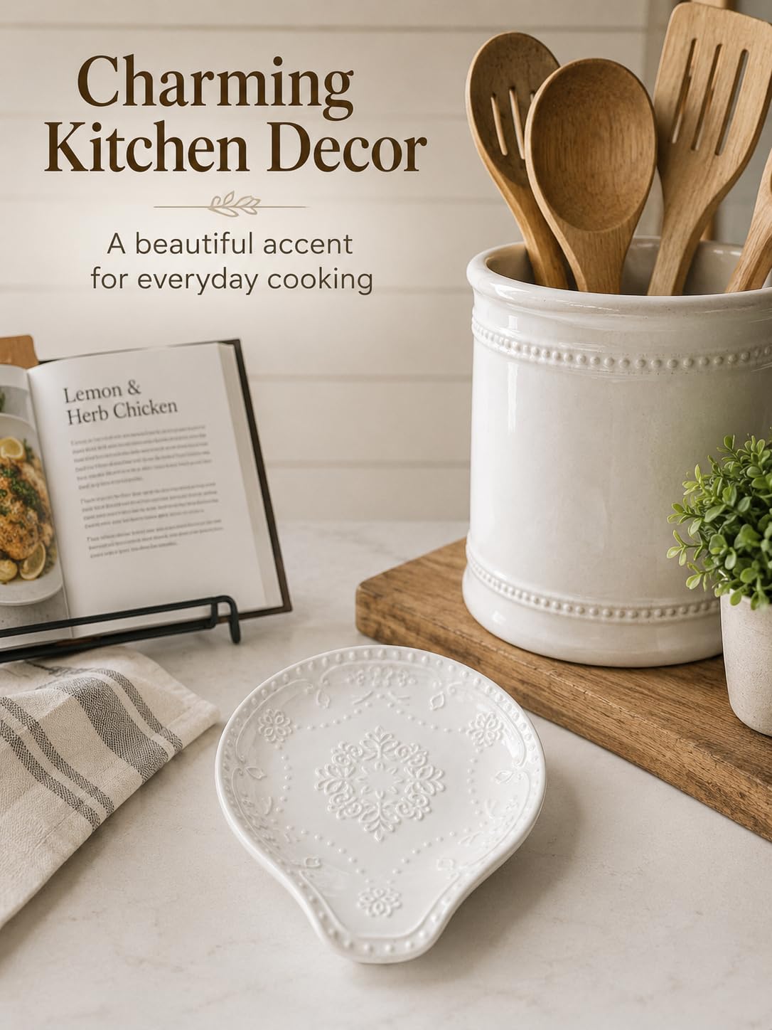 White Ceramic Spoon Rest for Kitchen Counter, 5.7" Spoon Holder for Stove Top, Floral Butterfly Embossed Cooking Utensil Rest, Dishwasher Safe Spoon Plate for Spatula, Ladle, Coffee Spoon