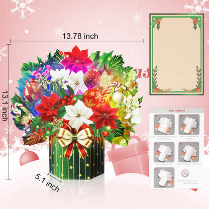 Yinqing Christmas Cards, Light and Music Merry Christmas Cards, 13 Inch Life Sized Forever Flower Bouquet 3D Pop Up Xmas Gift Card for Women Wife Mom Daughter Sister