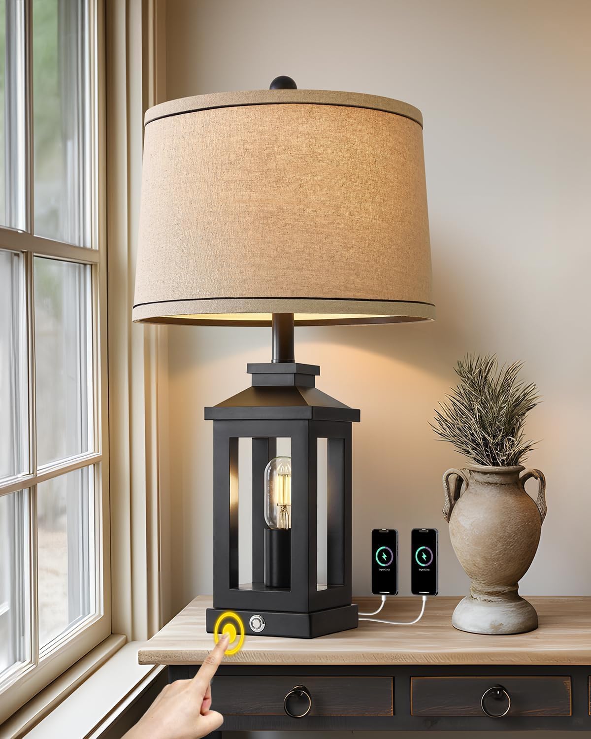 G-SAFAVA 23.75" Retro Farmhouse Black Table Lamp for Living Room Bedroom Nightstand Single Pack Touch Control Bedside Nightlight Vintage Modern Lamp with USB C+A Ports and 2 Light Sources