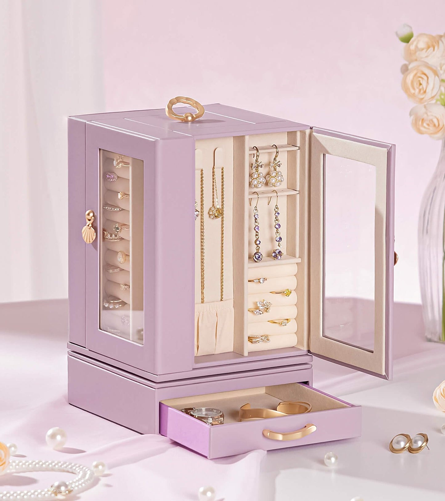 Enthralite Jewelry Box Large for Dresser: Women Necklace Ring Storage Organizer with Compartments - Elegant Earring Holder Display - 360° Rotating Jewelry Organizer with Glass Door