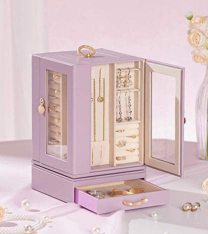 Enthralite Jewelry Box Large for Dresser: Women Necklace Ring Storage Organizer with Compartments - Elegant Earring Holder Display - 360° Rotating Jewelry Organizer with Glass Door