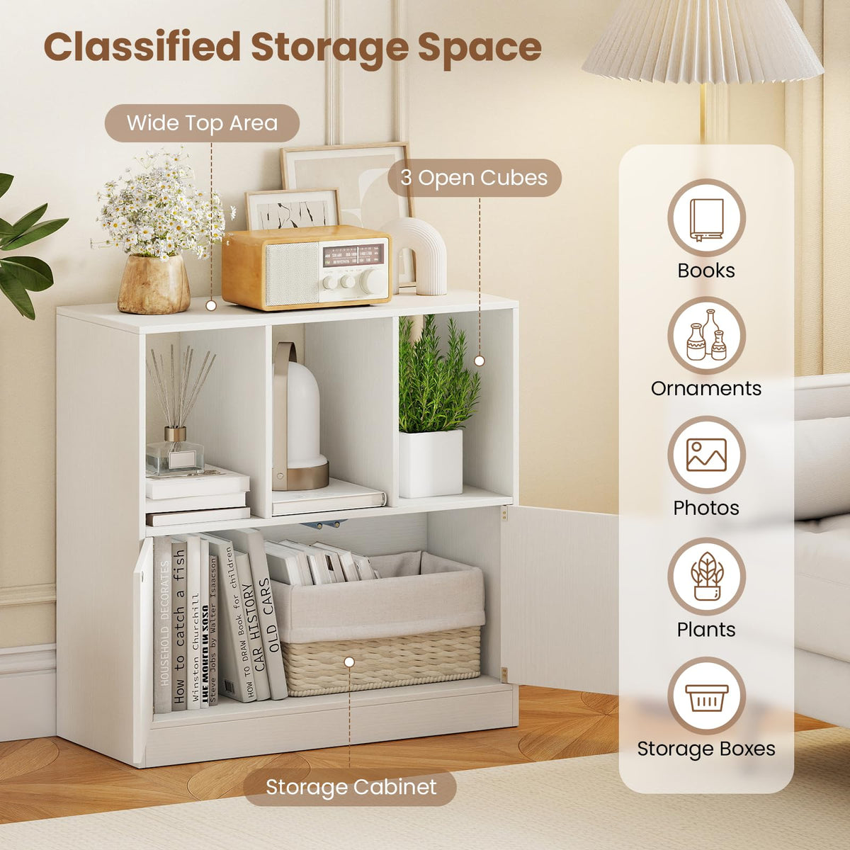 Giantex 3-Cube Bookcase with Doors, 3-Tier Cubic Bookshelf w/Open Compartments & Cabinet, Modern Display Shelf, Wooden Floor Freestanding Cubby Storage Organizer for Living Room, Study (1, White)