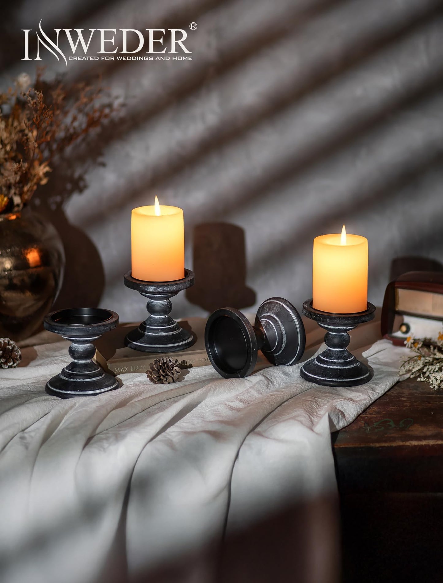 Inweder Wood Pillar Candle Holder: 2Pcs Rustic Black Candle Holders for Pillar Candles Wood Candle Holders Distressed Wooden Farmhouse Candle Holder Large Rustic Candle Holder for Fireplace Table