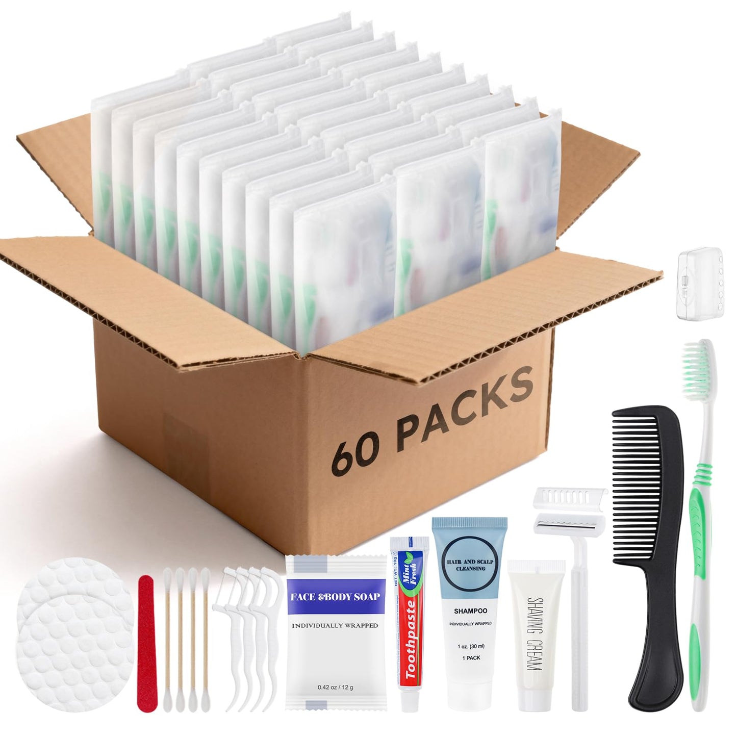 Travel Size Toiletries Kits Disposable Toiletry Set in Bulk, Portable Trial Size Personal Hygiene Care Package Supplies Amenities Essentials for Camping/ Hotel/Guest/Homeless/Charity 9-in-1 (60 Pack)