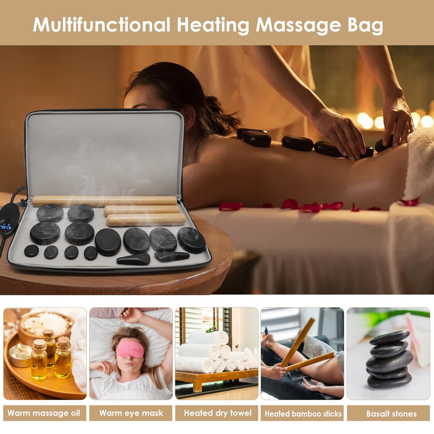 Freudeere 17 Pieces Massage Stones Set with Warmer Kit Hot Rocks Bamboo for Massage,Hot Stones Massage Warmer Kit with Temperature Control and Carry Bag (14 Stones and 3 Sticks)