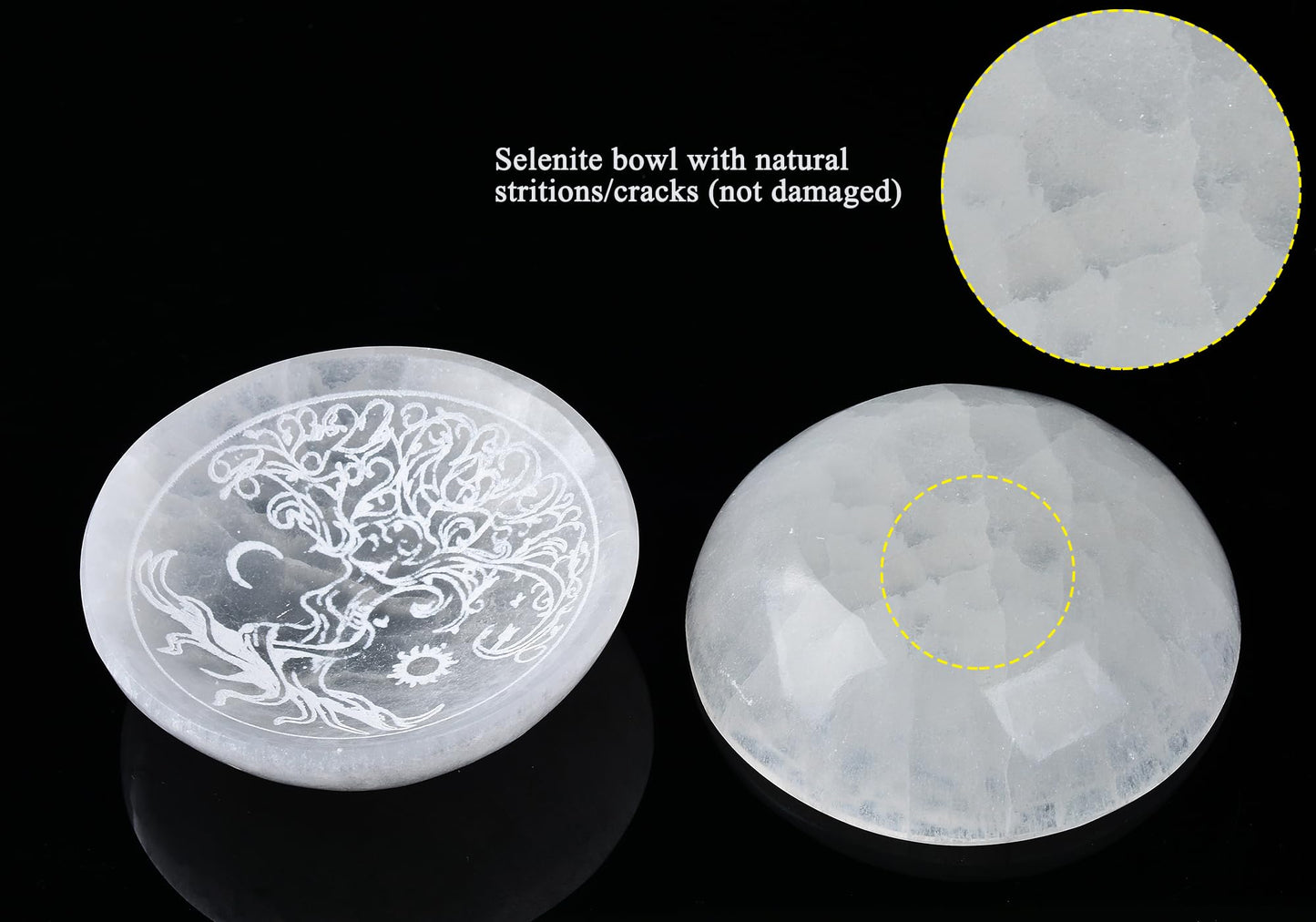 AMOYSTONE Natural Selenite Charging Bowl with Tree of Life Engraving 5.5 Inch Energy Cleansing Crystal Plate for Healing Meditation and Spiritual Home Decor