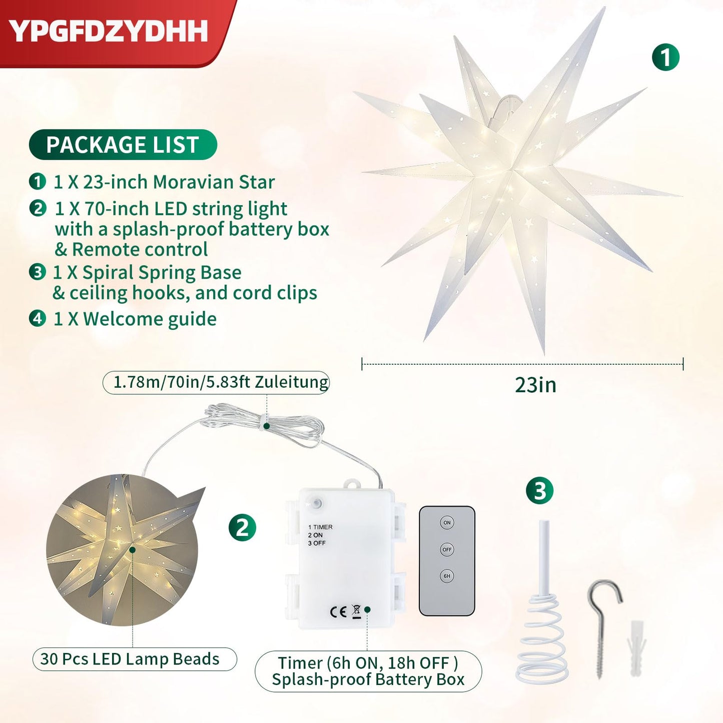 YPGFDZYDHH 23" Large Moravian Star Outdoor Light, Moravian Star Christmas Tree Topper Lighted Battery Operated, Remote Control Hanging Outdoor/Indoor Tree Topper Light for Courtyard, Porch-White