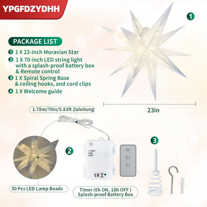 YPGFDZYDHH 23" Large Moravian Star Outdoor Light, Moravian Star Christmas Tree Topper Lighted Battery Operated, Remote Control Hanging Outdoor/Indoor Tree Topper Light for Courtyard, Porch-White