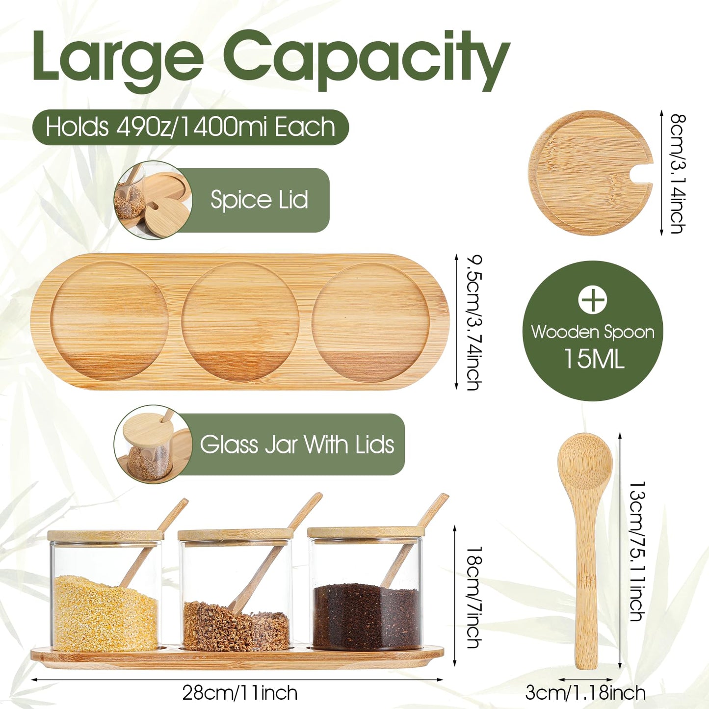 2 Pcs Salt and Sugar Container Sets, Condiment Containers with Lids, Square Glass Jar with Bamboo Lid & Spoon, 12 Oz Glass Pantry Storage Containers for Kitchen, Coffee, Tea, Candy, Spice Organization