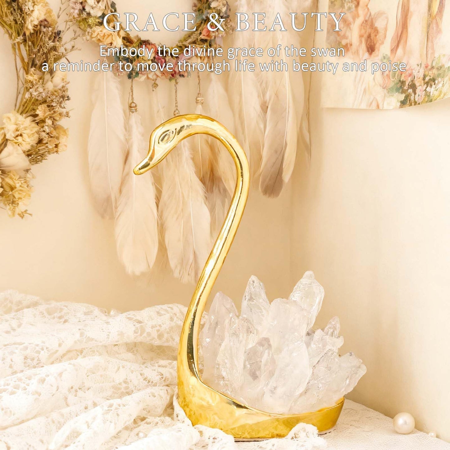 RJINGSHI Crystal Swan Figurine, Natural White, Decorative Ornament for TV Cabinet and Wine Cabinet (Clear Quartz)