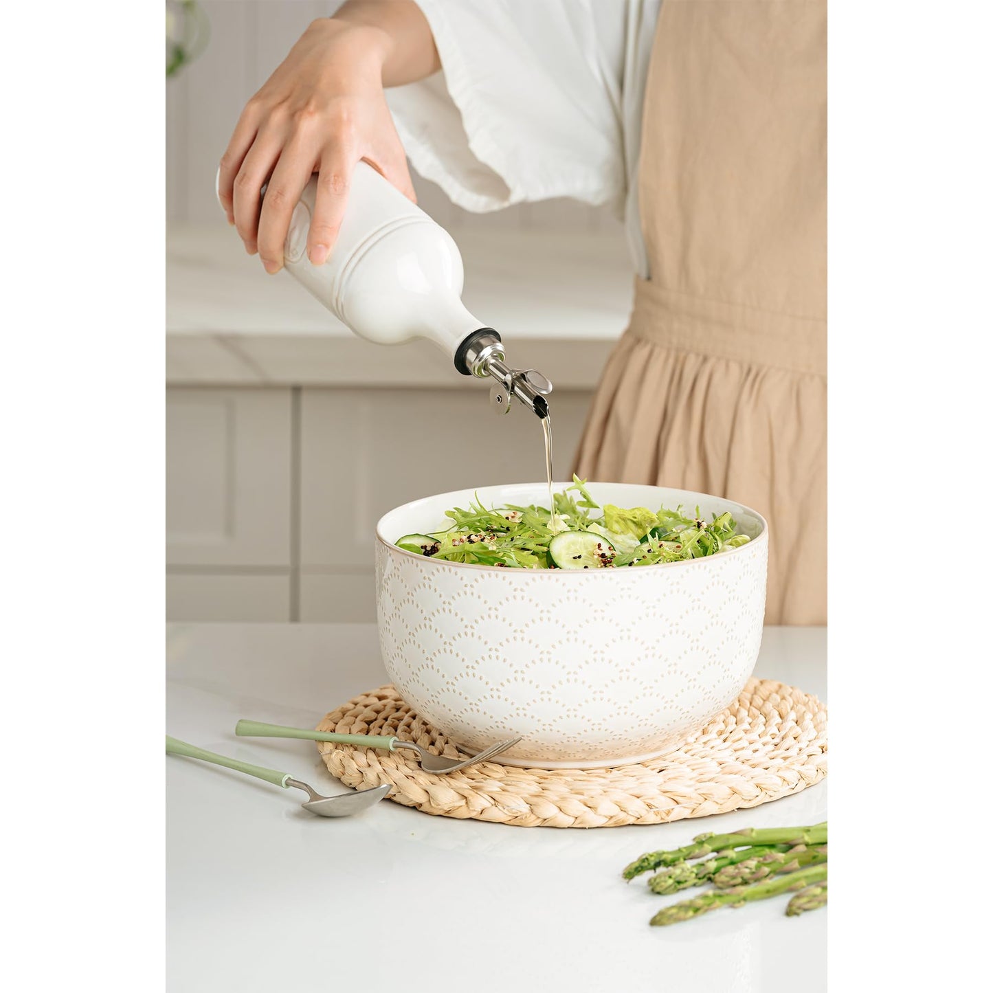MIKIGEY Olive Oil Dispenser Bottle with Spout, 18 oz Ceramic Oil Dispensers for Kitchen, Opaque Cruet, EVOO & Vinegar Bottle with Automatic Stainless Steel Pourer, Pack of 1