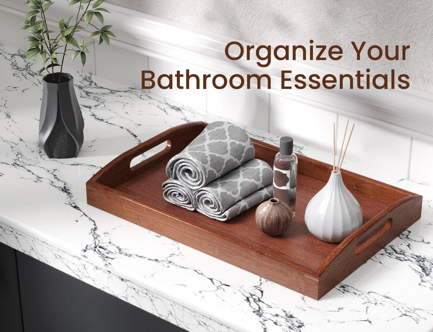 Danfoxer Bamboo Set of 2 Serving Tray with Handles,Large & Small Food Serving Trays for Coffee Table, Kitchen Counter, Breakfast, Party, Decorative Trays for Eating, Ottoman, Bathroom(Brown)