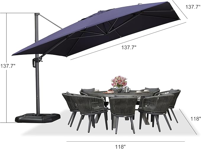 PURPLE LEAF 11.5' X 11.5' Telescopic Patio Umbrella with Base Included Lifting Cantilever Offset Square Large Umbrella for Pool Outdoor Patio Deck Garden Navy