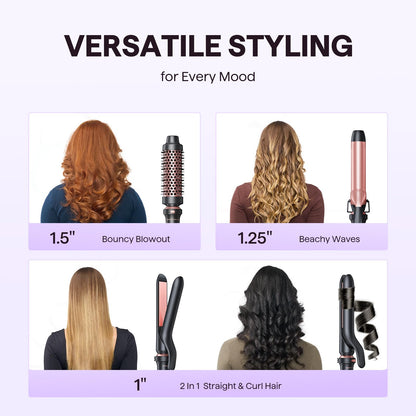 Wavytalk 3 in 1 Curling Wand Set, Multi Curl, Curling Iron Set with Heated Round Brush, Flat Iron Hair Straightener, 1 1/4 inch Curling Iron, Dual Voltage Hair Curler(Pink)