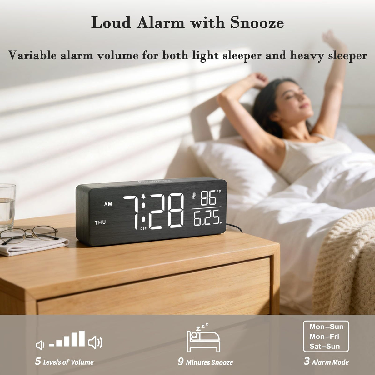 DreamSky Wooden Digital Alarm Clock with Date & Day of Week for Bedroom