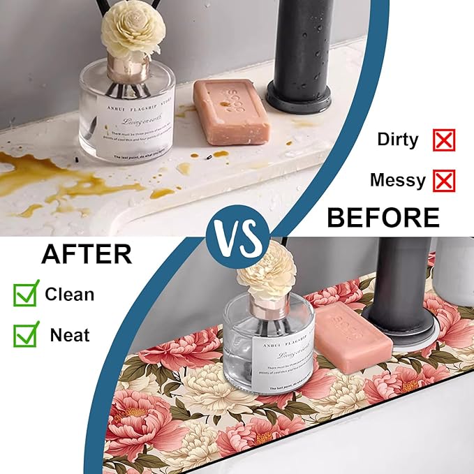 Beautiful Peony Sink Faucet Absorbing Mat Bright Peonies Super Absorbent Fast