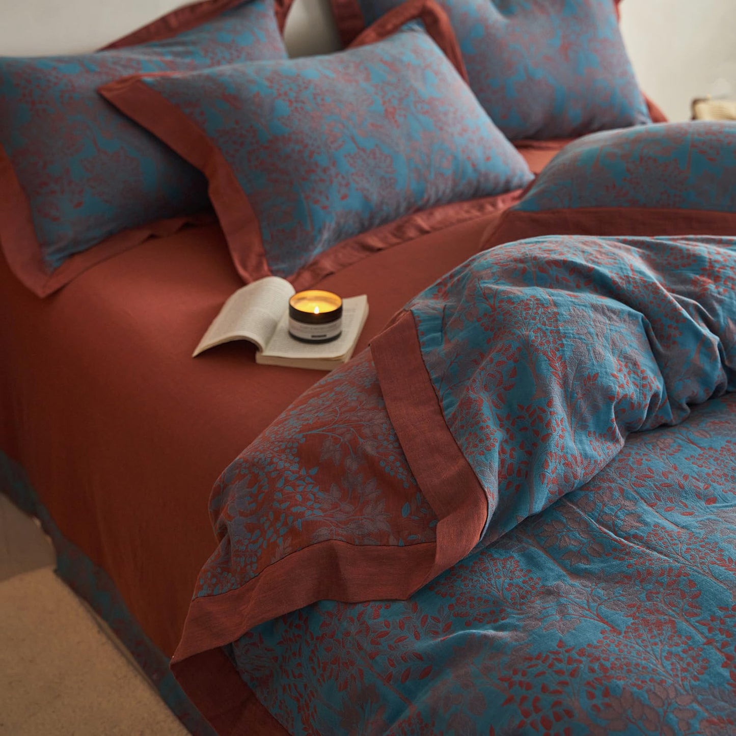 VM VOUGEMARKET Blue Red Duvet Cover Queen,3 Pieces Retro Jacquard Forest Theme Tree Leaves Bedding Set,Linen Cotton Yarn-Dyed Textured Duvet Cover with Zipper Closure
