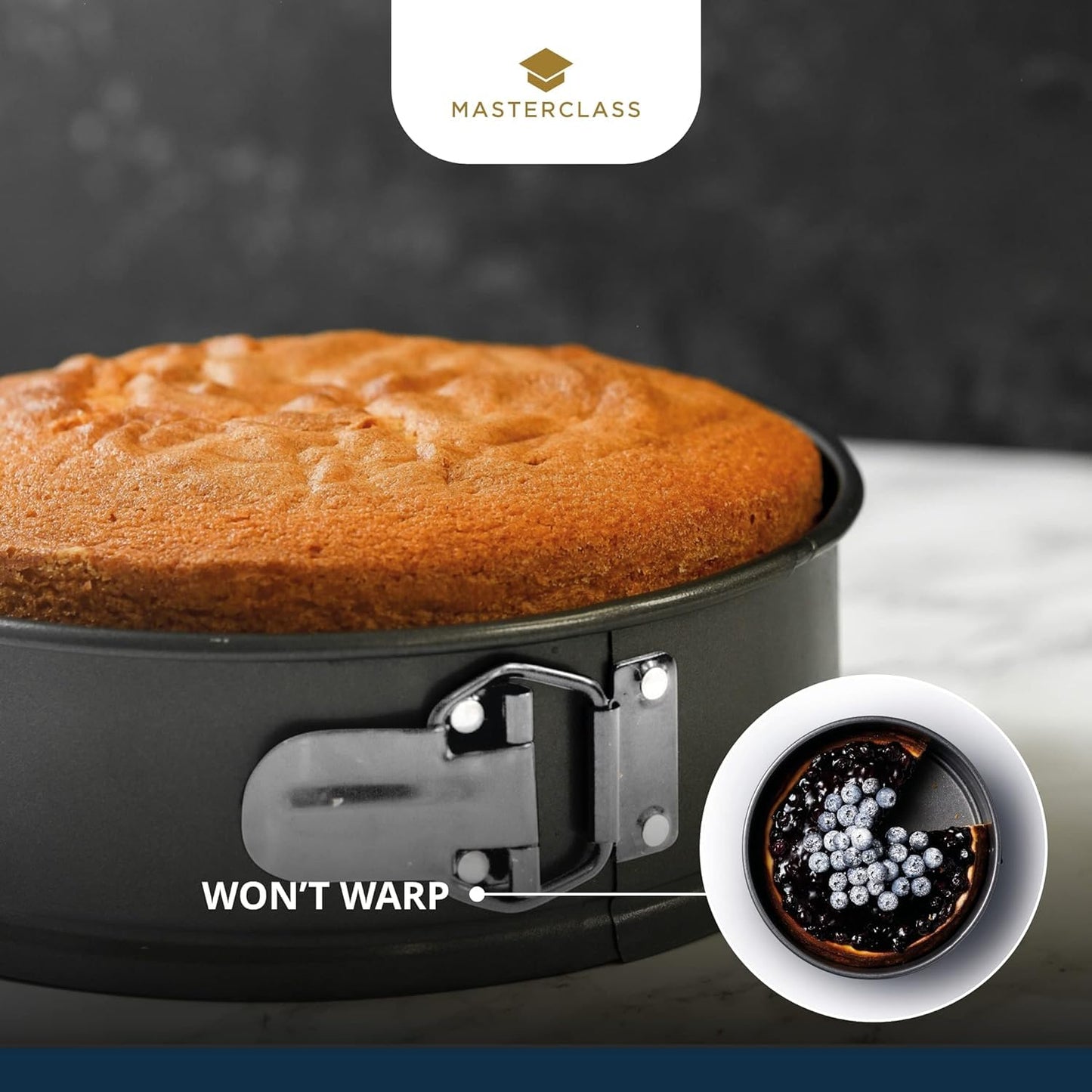 MasterClass 2 cm Springform Cake Tin with PTFE, PFOA and BPA Free Non Stick, Robust 1mm Thick Carbon Steel and Loose Base, 8 Inch Round Pan, Grey