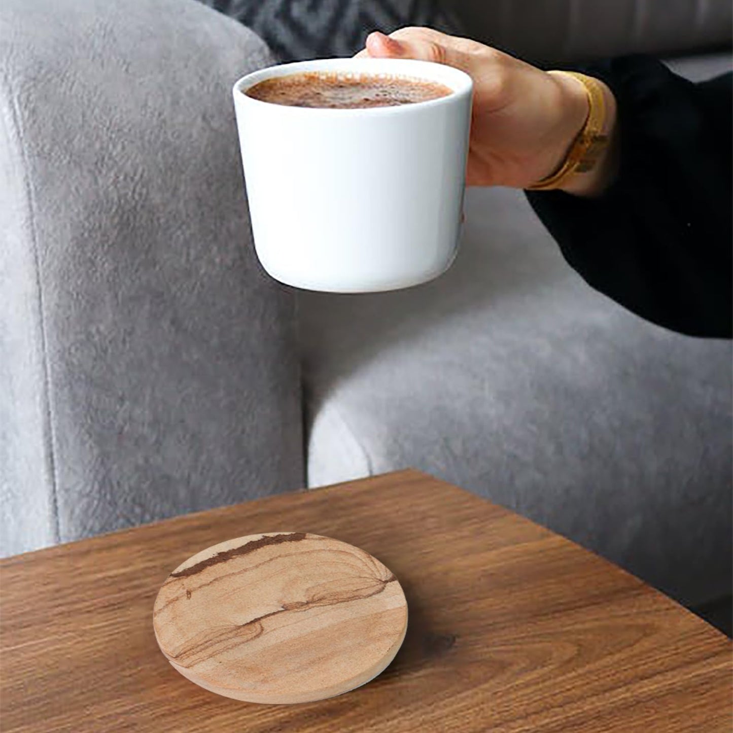 Natural Sandstone Coasters Set of 4 with Holder, 4 in Dia Drink Coasters for Coffee Table, Water Absorbent & Heat Resistant Cup Coaster for Home & Office, Christmas Birthday Gift