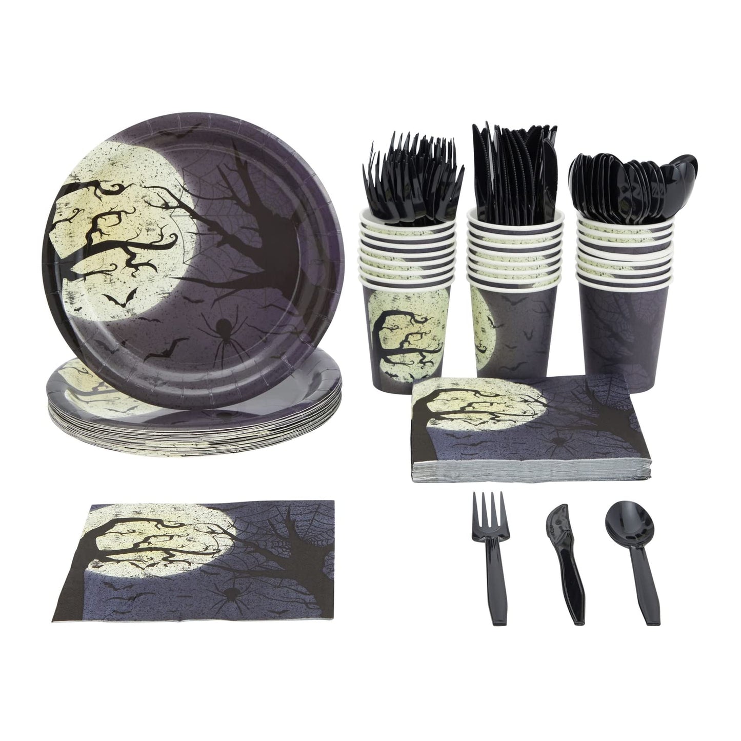 BLUE PANDA 144 Piece Halloween Dinnerware Set, Full Moon Night Sky Halloween Party Plates and Cups and Napkins Set for Spooky Gatherings and Witch Theme Parties (Serves 24)